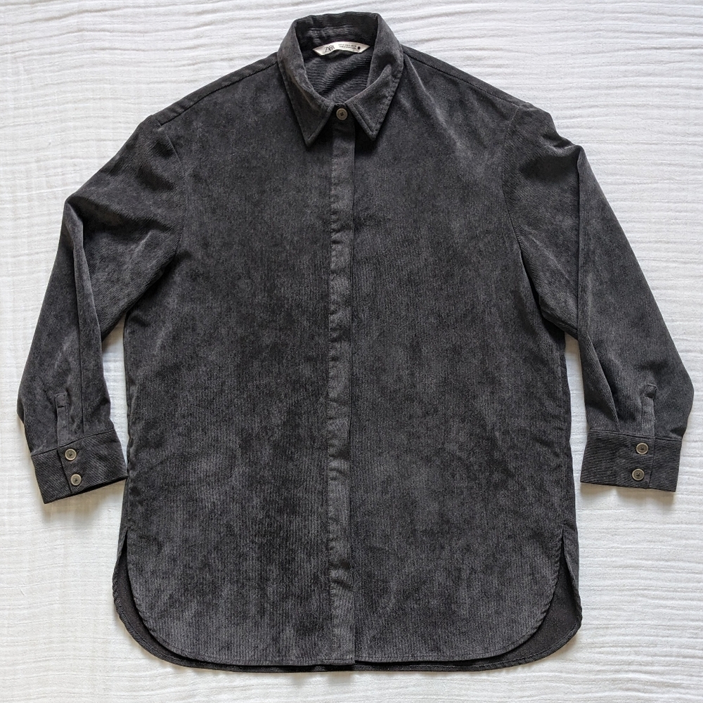 Zara Charcoal Gray Corduroy oversized Button-Down Shirt